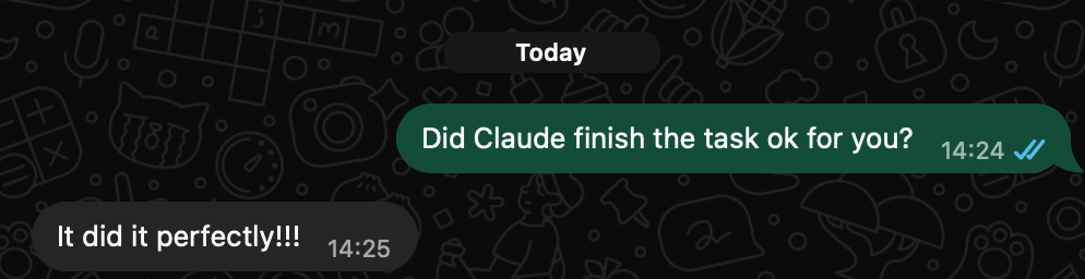 Client confirming that Claude completed their task perfectly