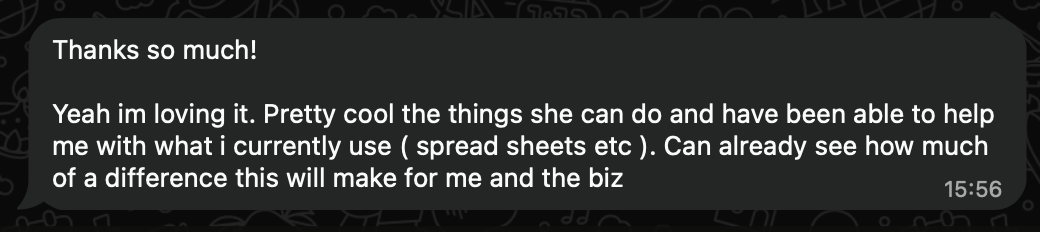 WhatsApp message from Jess B reacting to having Donna AI installed in her business