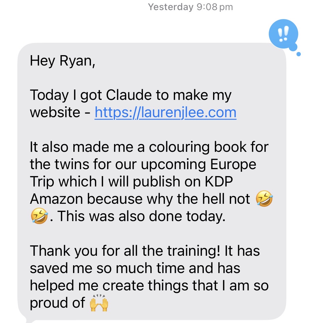 Message from Lauren Lee saying Claude built her website and a colouring book for her twins in a day