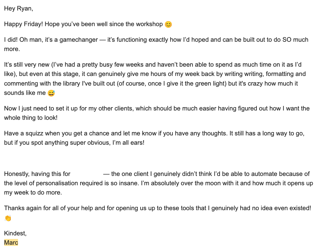 Email from Marc Jacobson saying his AI writing setup sounds like him and gives him hours of his week back