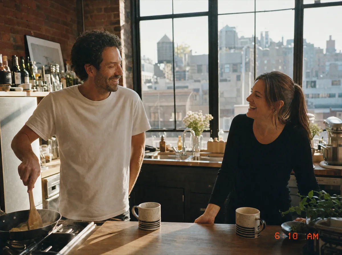 Photograph of a couple cooking breakfast and laughing in a New York loft kitchen, morning light through the window, timestamped 6:10 AM