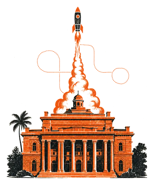 A heritage building at Lot Fourteen with a rocket launching from its roof