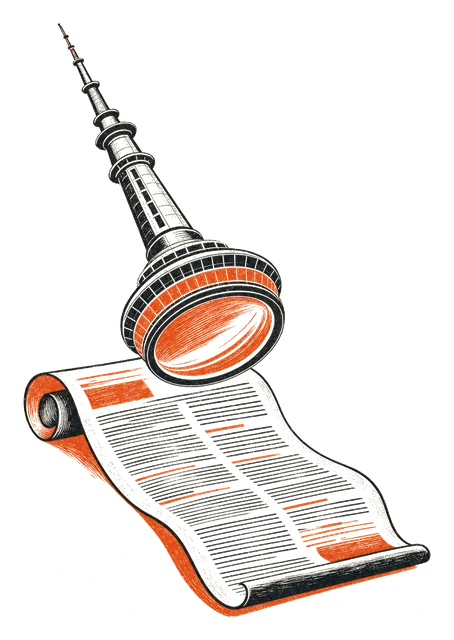 The Sky Tower drawn as a pen writing on a policy document