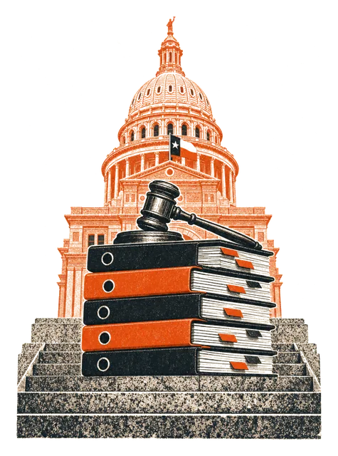 The Texas Capitol rising above a neat stack of files