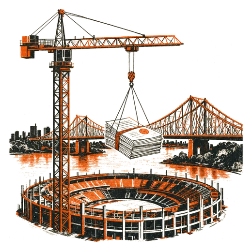 The Story Bridge behind a crane lifting a stack of plans over a stadium