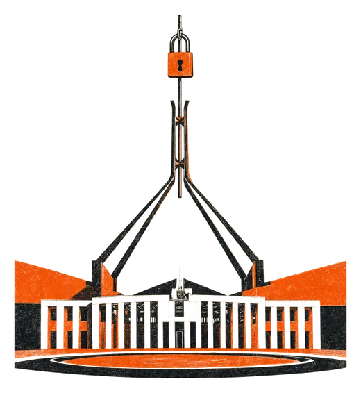 Parliament House in Canberra with a padlock on its flagpole