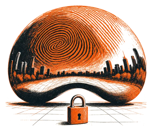 The Cloud Gate sculpture reflecting the Chicago skyline, a padlock at its base