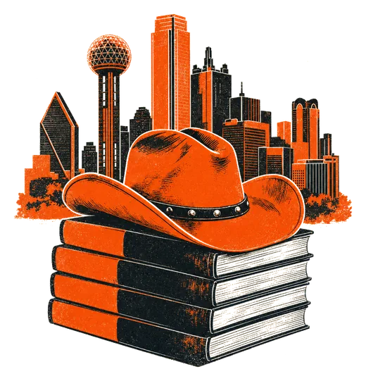 The Dallas skyline rising from a cowboy hat resting on a stack of ledgers