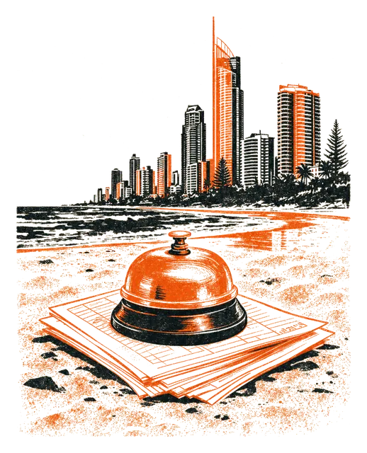 The Gold Coast skyline behind a reception bell on a booking ledger