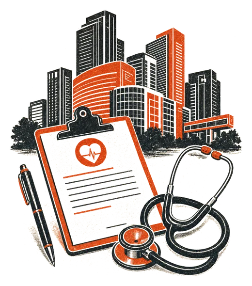 A medical clipboard and stethoscope in front of the Houston skyline