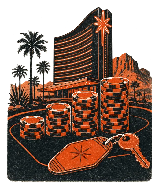 A resort tower behind stacks of casino chips and a room key