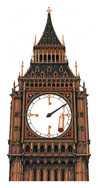 Big Ben with its clock face in ember orange
