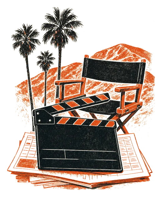 A film clapperboard on a stack of scripts under palm trees
