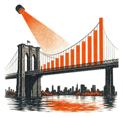 The Brooklyn Bridge with its cables drawn as rising bars of a chart