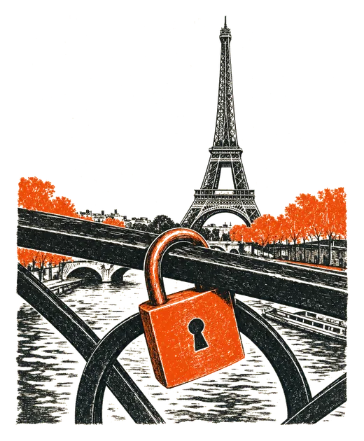 The Eiffel Tower behind a padlock on a bridge over the Seine