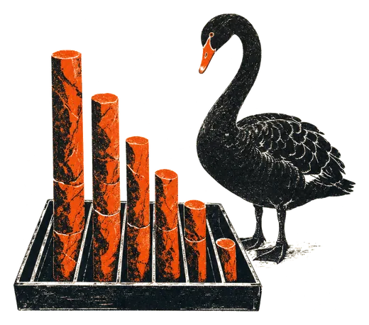 A black swan beside a rising bar chart