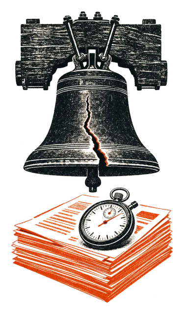 The Liberty Bell above a stack of research papers and a stopwatch