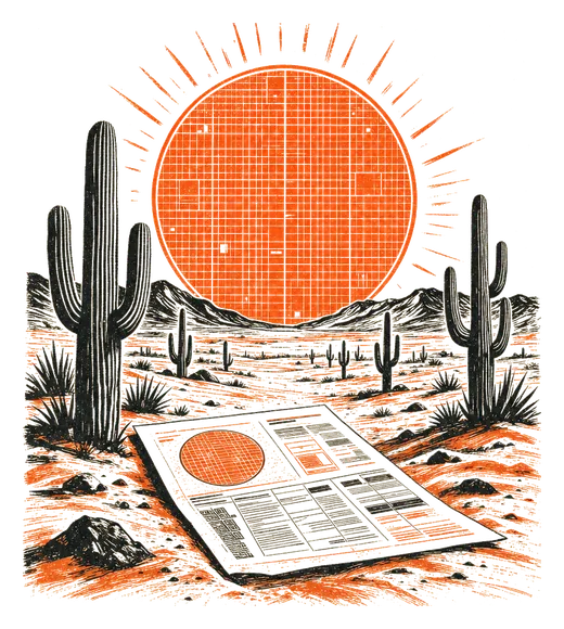 A desert sun drawn as a silicon wafer over cacti and a stack of papers