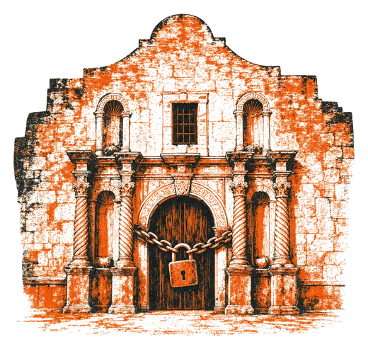 The Alamo with a padlock on its door