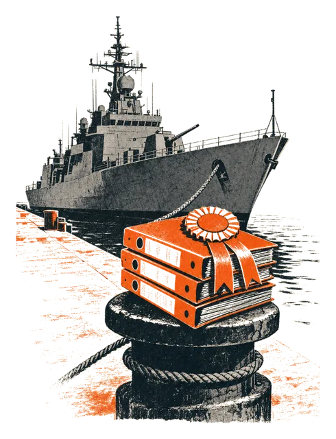 A navy ship on the water behind a stack of documents