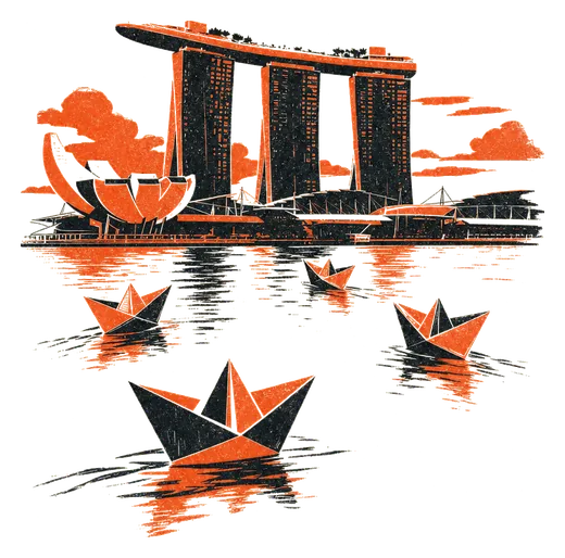 Marina Bay Sands over the water with paper boats floating in front