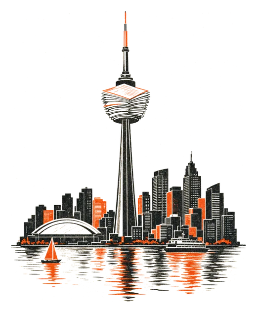 The CN Tower with its pod built from a fanned stack of documents, over Lake Ontario