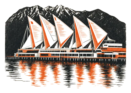Canada Place with sails of folded documents in front of the North Shore mountains