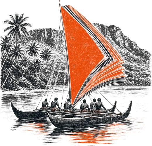 A Fijian drua canoe with a sail made of document pages, palms and cliffs behind