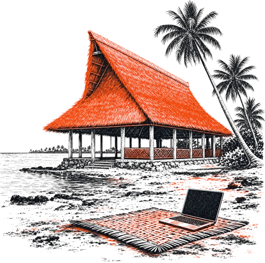 A Kiribati maneaba with an ember thatched roof, a laptop open on a woven mat on the beach