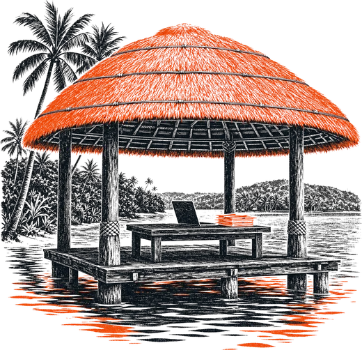 A Samoan fale with an ember thatched roof over the water, a desk and open laptop inside
