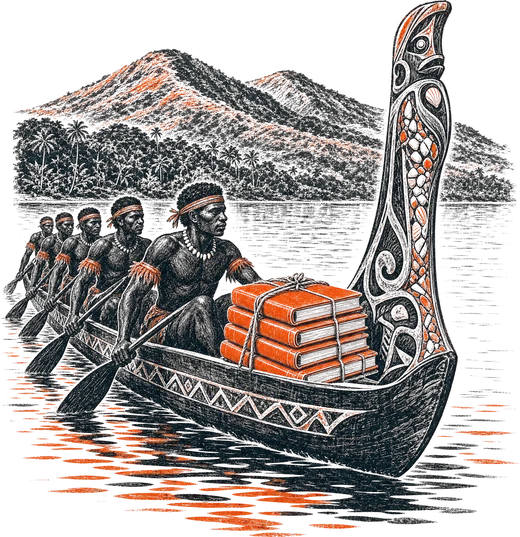 A carved Solomon Islands war canoe carrying a stack of ledgers across the water
