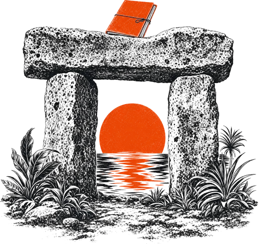 The Haʻamonga ʻa Maui trilithon framing an ember sun, a folder resting on its lintel